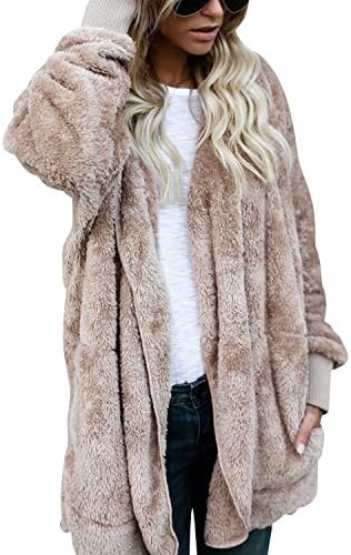 BONESUN Women's Open Front Cardigan Faux Fur Hoodie Sweaters With Pockets