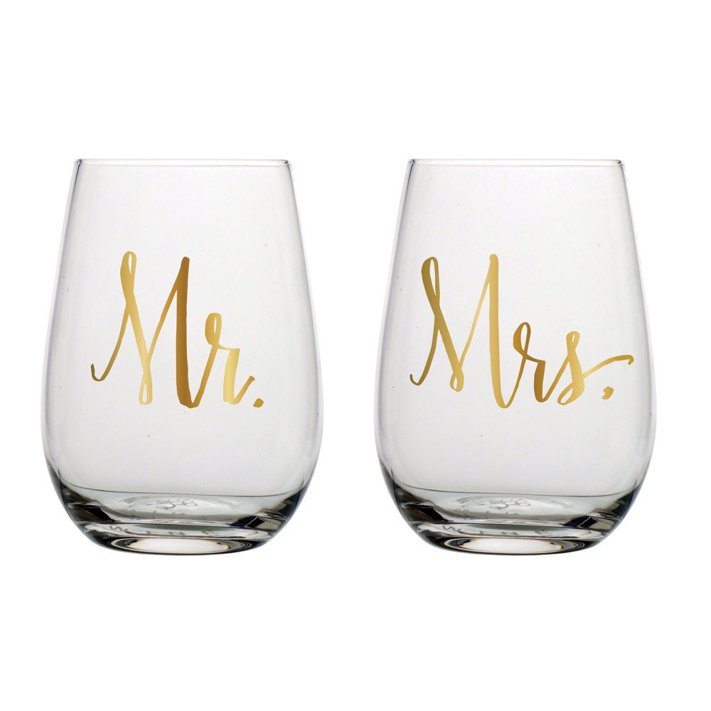 Slant Mr & Mrs Stemless Wine Glasses- Set of 2