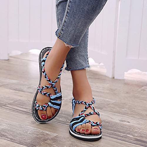Flat Sandals for Women Braided Strap Beach Shoes,Women's Flat Sandals,Flip Flop,Beach Hiking Sandals (Blue -1, US:5.5)