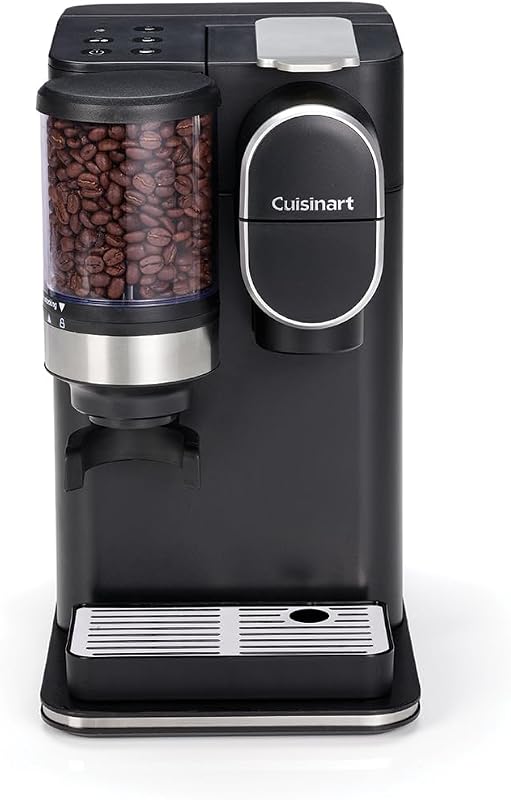 Kaffeemaschine für eine Tasse, gemahlen und gebrüht | Single serve Filterkaffee | Eingebautes Kegelmahlwerk aus Edelstahl | 3 Tassengrößen wählen | Wiederverwendbare Filterkapsel | Schwarz