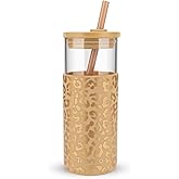 Tronco 20 oz Glass Tumbler with Lid and Straw, Iced Coffee Cup and Smoothie Cup with Bamboo Lids & Protective Silicone Sleeve, Dishwasher Safe, BPA-Free, Glass Cup 1 Pack