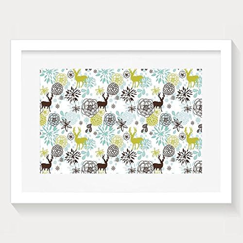 Haixia Deer Christmas Winter Themed Illustration With Deer Birds Snowflakes Floral Decorative Yellow Green Seafoam Brown Fashion House Decor White Paintings Artwork Print With Frame 9.5x13inch