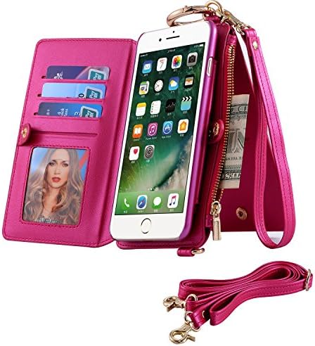 iPhone 7 Plus Case,Multi-function Leather Wallet Case With Hand Strap and Long Shoulder Strap,Detachable Card Holder and Kickstand Hard PC Back Cover For iPhone 7 5.5 inch (Hot pink)