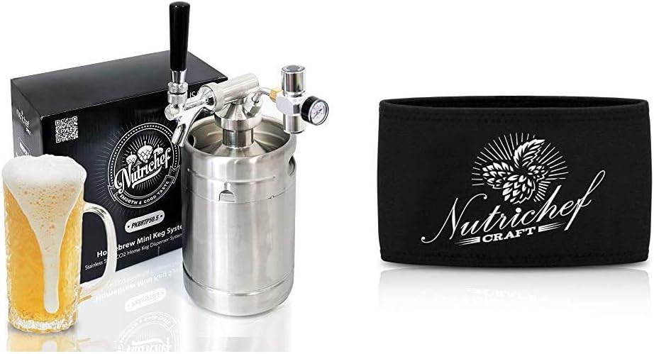 Pressurized Beer Mini Keg System - 64oz Stainless Steel Growler Tap, Portable Mini Keg Dispenser Keg w/NutriChef Keg Cooler Neoprene Insulation Keg Jacket Keeps Your Beer or Beverage Cold