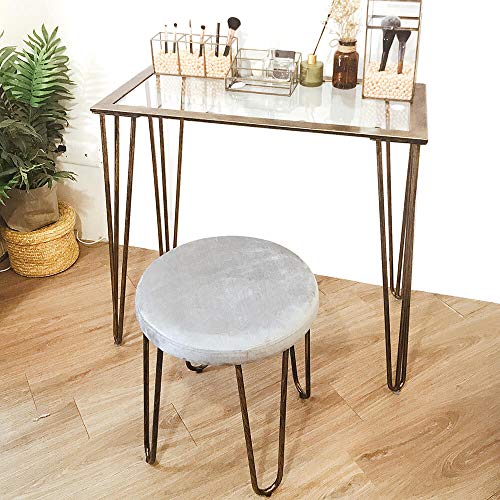 CANDIKO Gray & Bronze Round Makeup Vanity Chair Velvet Upholstered Metal Stool Bedroom Iron Room Bench Bathroom Ottoman