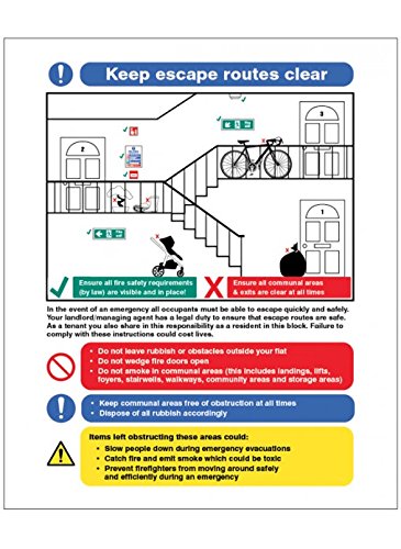 Caledonia Signs 11415E Keep Escape Routes Clear, Multiple Occupancy Sign, Rigid Plastic, E: 200 mm x 150 mm,White
