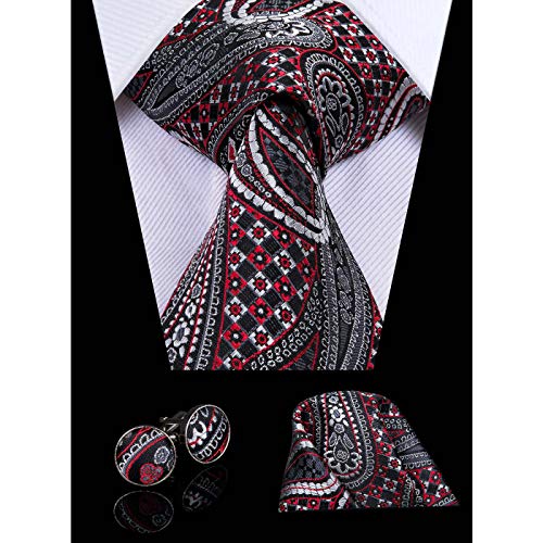 Dubulle Mens Black and Red Silk Paisley Tie Set Necktie Hanky Cufflinks Set