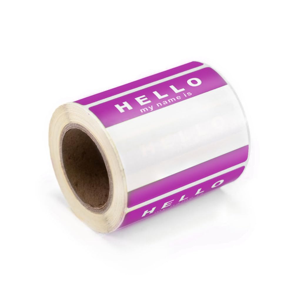 'Hello My Name is' Stickers/Name Label Tags - Purple & White 8cm x 6cm — image 1