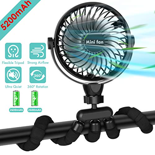Portable Handheld Fan, 5200mAh Battery Powered Clip-on Personal Desk Baby Fan Air Circulator Fan with Flexible Tripod, Ultra Quiet 4 Speed 360° Rotatable USB Fan for Stroller/Bike/Camping/BBQ/Gym - Thumbnail 7