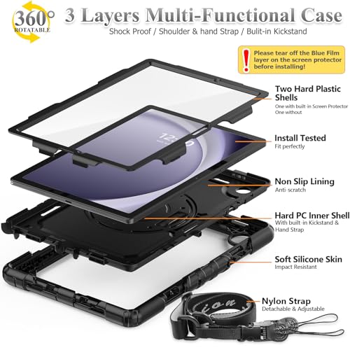 SEYMAC stock Case for Samsung Galaxy Tab A11+ Plus/A9+ Plus 11'', Full-Body Drop Protection Case with Screen Protector Pencil Holder [360° Rotating Hand Strap] &Stand - Black