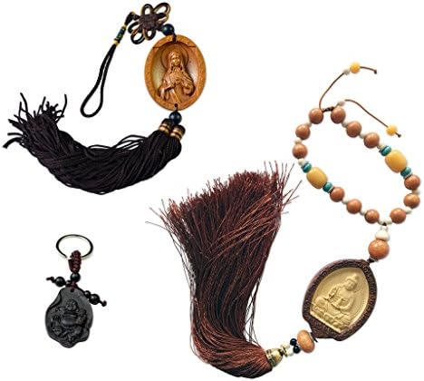 A Trio of Kuan Yin Virgin Mary Wooden Hanging Ornaments and a Buddha Keychain