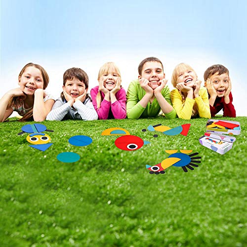 Wooden Pattern Blocks Tangram Shape Puzzle Set Color Sorting Stacking Game Wood Animal Jigsaw Preschool Montessori Brain Teaser STEM Gift for 3 4 5 Years Old Toddler Kid (60 Pattern Cards)
