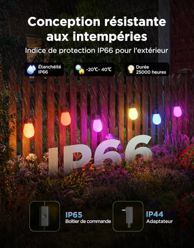 Govee Outdoor String Lights, 15M RGB LED Bulbs Warm White, WiFi Garden Lamp, Works with Alexa, APP Control, IP66 Waterproof, 111 Stage Modes, Dimmable Christmas Outdoor Decoration