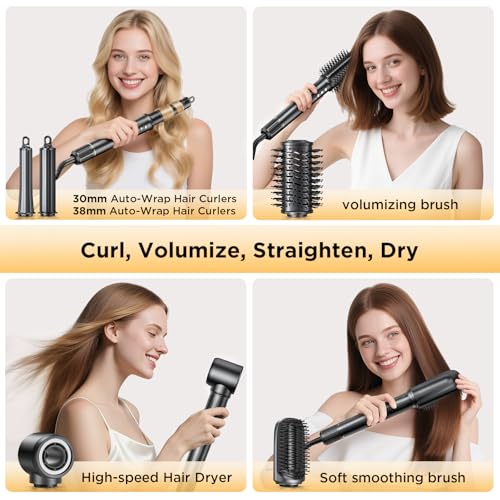 Uwithm Airstyler 5 in 1, Hairstyler 110000 rpm Professional Ionic Blow Dryer with 2 Size Curling Iron Auto-Wrap, Volume Brush, Hair Straightener Brush, Hair Styler for Quick Drying, No Heat Damage