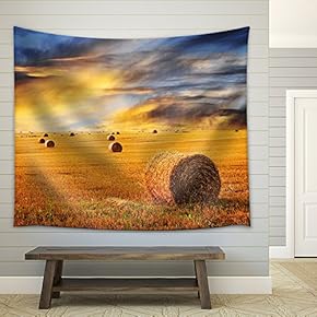 Golden Sunset Over Farm Field with hay Bales - Fabric Wall Tapestry Home Decor - 51x60 inches