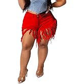 PINSV Women's Plus Size Fringe Denim Shorts Tassels Jean Short Pants
