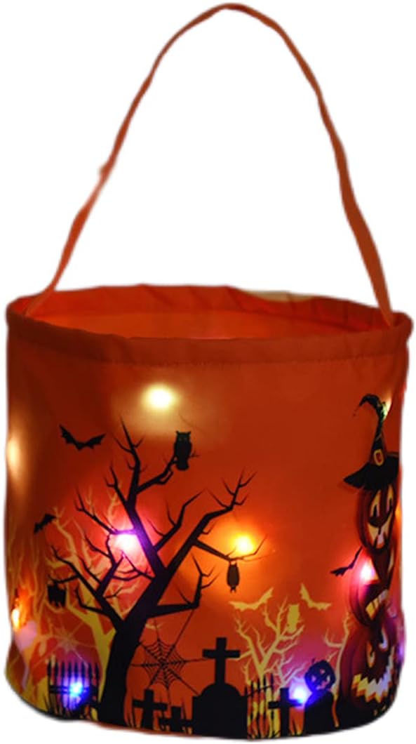 Holiday Décor Storage - Halloween Candy Bags with LED Lights Trick or Treat Basket, Light up Halloween Party Bags Multipurpose Reusable Goody Bucket for Kids,Orange