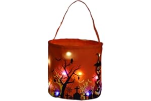 BYROTSON Halloween Candy Bags with LED Lights Trick or Treat Basket, Light up Halloween Party Bags Multipurpose Reusable Goody Bucket for Kids,Orange