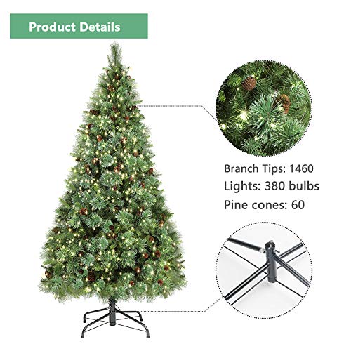 SHareconn 6.5ft Pre-Lit Premium Artificial Hinged Christmas Pine Tree with 380 Clear Lights, 60 Pine Cones, 1460 Branch Tips and Metal Stand