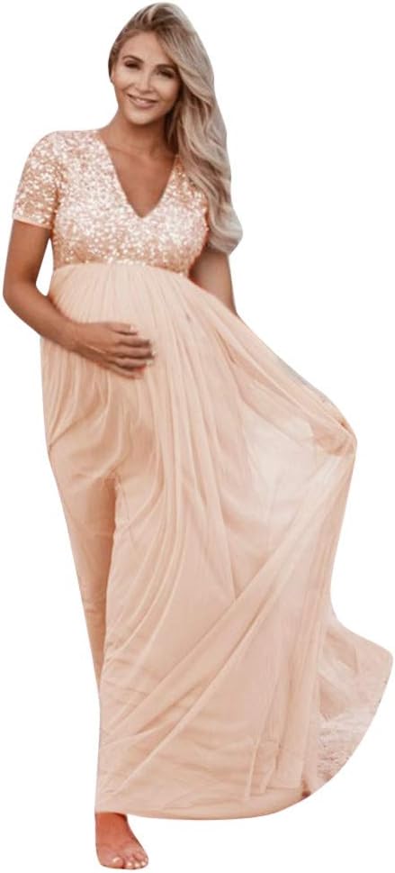 Women Pregnant Maternity Maxi Photography V Neck Props Short Sleeve Sequined Gown Solid Dress for Party Baby Shower