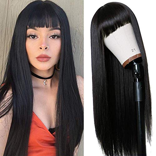 Vvan Long Straight Remy Hair Wigs Natural Black Heat Resistant Fiber Hair Full Machine Wig with Bangs Cosplay Party Wig For Fashion Women(22 Inches Natural Black Hair) Vvan Long Straight Remy Hair Wigs Natural Black Heat Resistant Fiber Hair Full Machine Wig with Bangs Cosplay Party Wig For Fashion Women(22 Inches Natural Black Hair)