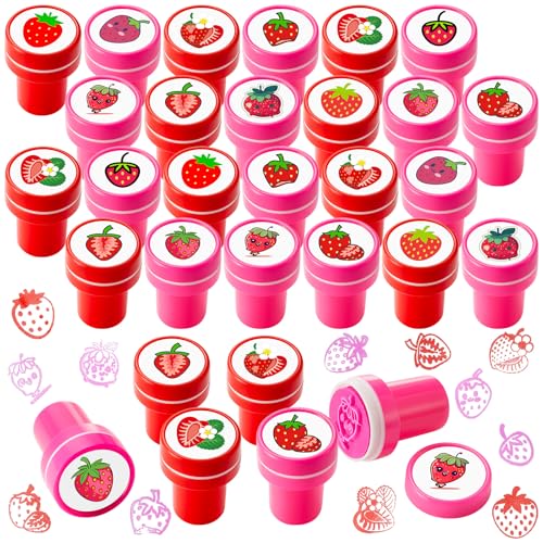 MotiMind 24 Pcs Strawberry Party Favors Berry First Birthday Party Favors Strawberry Mini Stamps for Kids Self Ink Stampers with 12 Designs Gift Rewards for School Supply Goodie Bag Shortcake