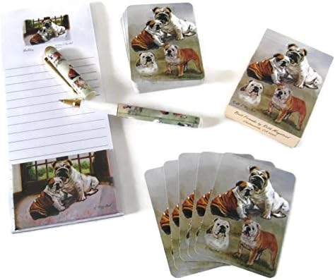 Love My Dog! Gift Set - 4 Piece Bundle- One Custom Fine Art Writing Pen, One Matching Magnetic List Pad, One Matching Decorative Magnet, One Matching Deck Playing Cards (Bulldog)