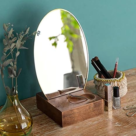 Amazon Co Jp 卓上ミラー オーバル型 真鍮フレーム 天然木台 角度調整対応 スタンドミラー 鏡 かがみ カガミ ミラー 卓上鏡 テーブルミラー アンティーク調 コンパクト 楕円型 化粧鏡 おしゃれ 可愛い メイクアップミラー シンプル インテリア アジアン 雑貨 アジアン