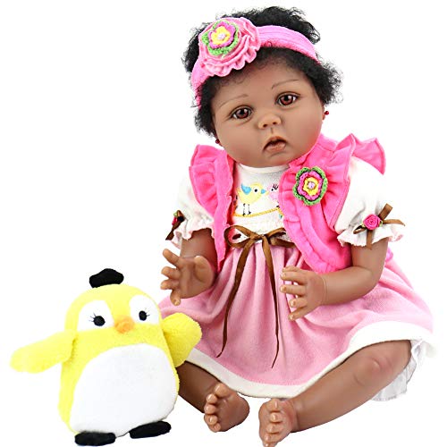 Aori Lifelike Reborn Baby Dolls 22 Inch African American Soft Body Realistic Girl Doll with Bird Gift Set
