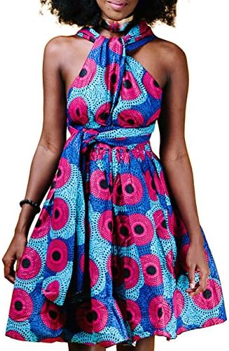 Womens Bohemian African Floral Print Pleated Hem Swing Short Versatile Wearing Dresses for Casual Club Party