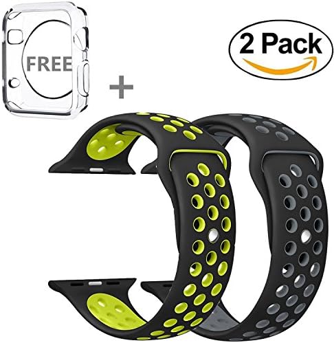 Apple Watch Band 42MM, JINGCI Sport Silicone Wristband Replacement Strap with Adjustable Buckle and Quick Release for Apple Watch Nike+ Series 3/2/1/Edition,2 Pack(42MM-black/gray+black/yellow)