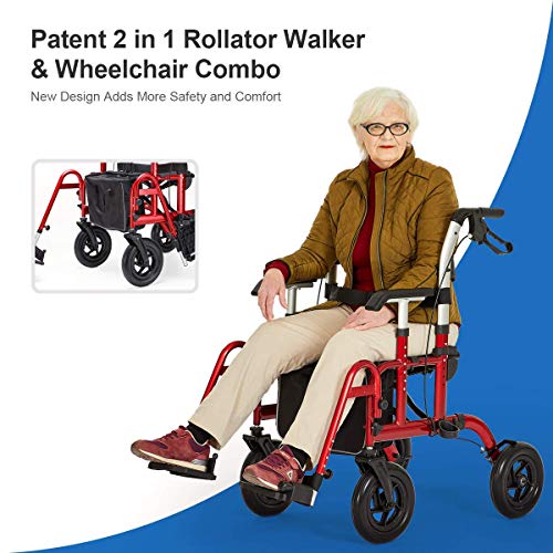 Rollator Transport Chair Combo with 10" Wheels for All Terrain, Rollator Wheelchair Combo for