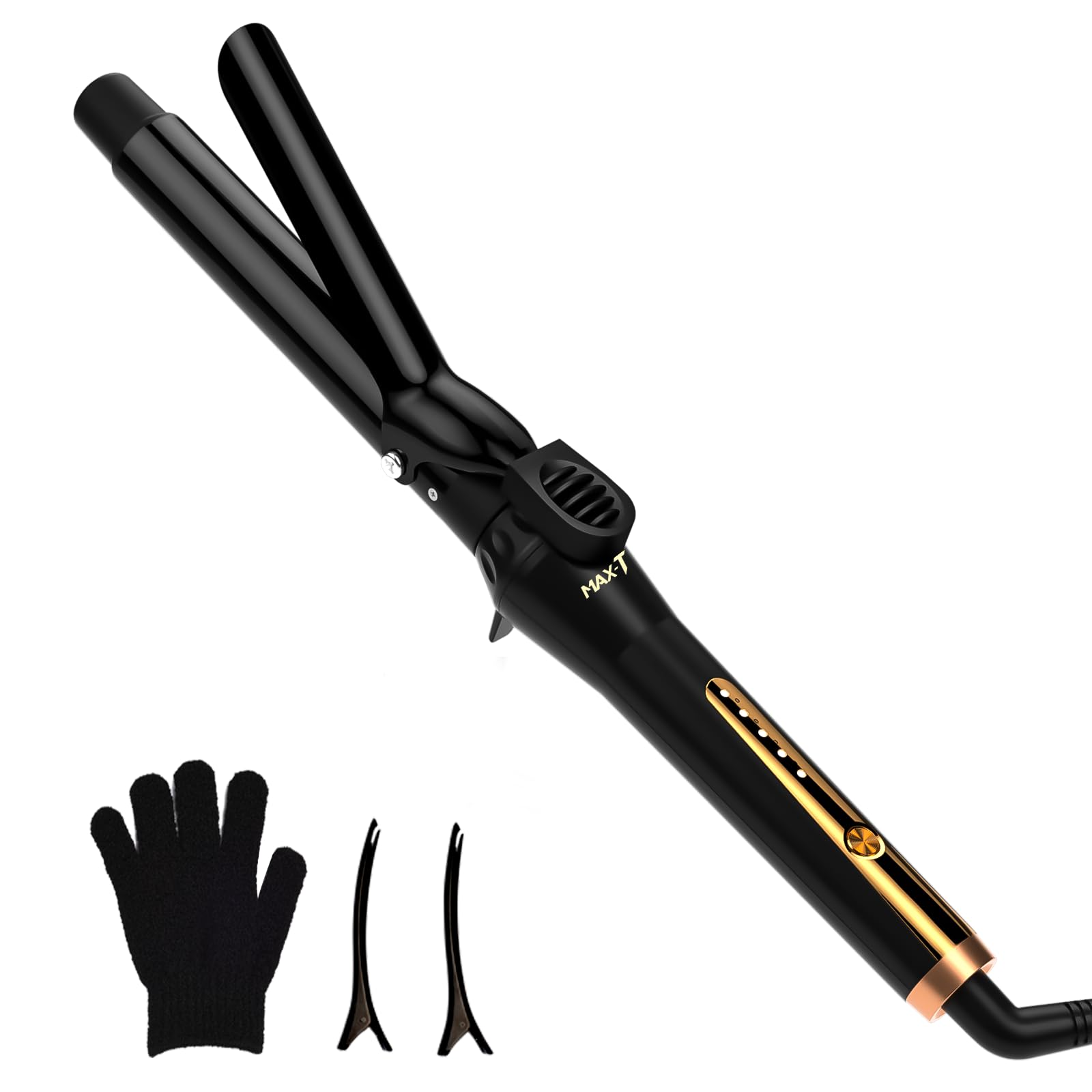 Photo 1 of 1 Inch Ceramic Tourmaline Curling Wand - Dual Voltage Hair Curler for Long-Lasting Curls & Waves with 5 Heat Settings, Heat-Resistant Glove & Clips Included