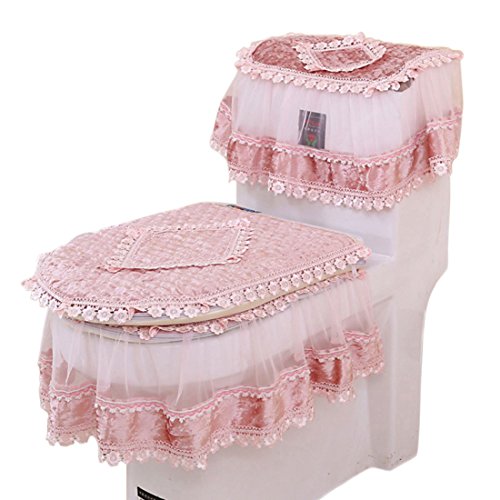 Freahap Toilet Cover Set Lace Bathroom Decor Tank Cover Toilet Lid Cover Toilet Seat Cover Pink