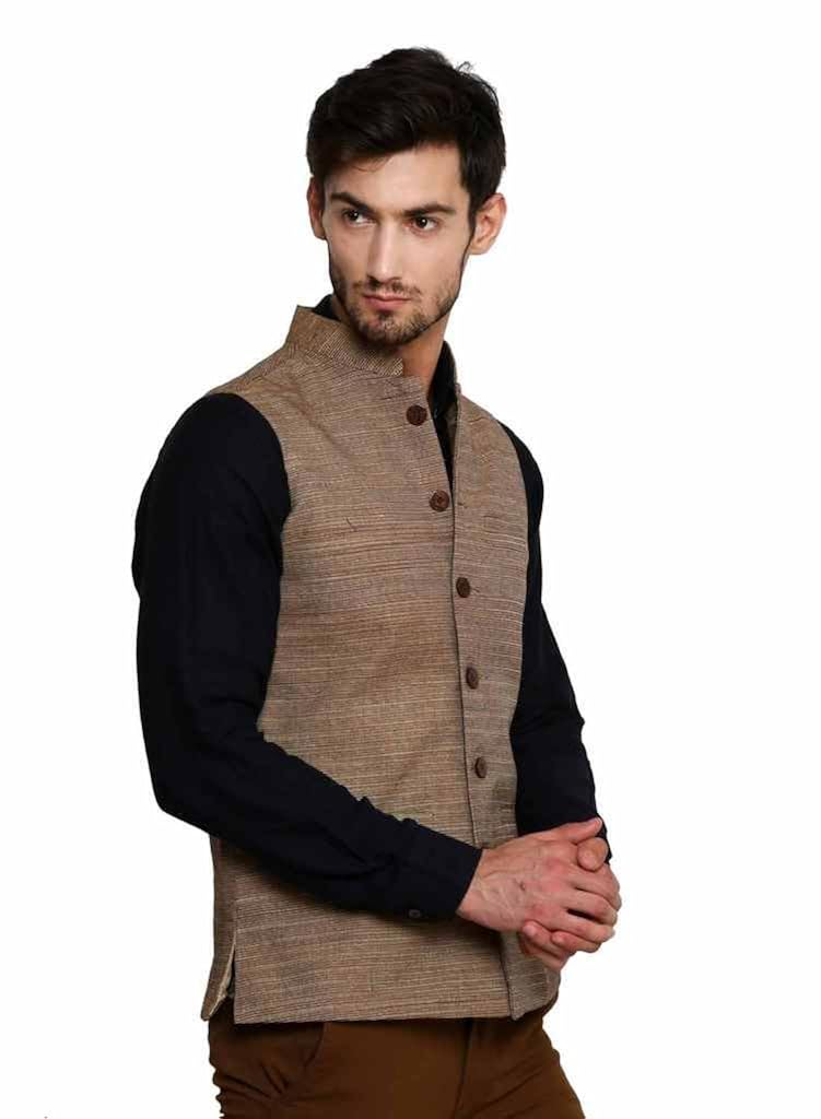 dhrohar khadi wool and cotton blend brown chinese collar waistcoat for men