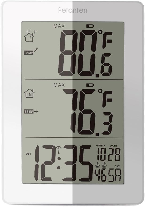 Fetantenclock Digital Indoor Outdoor Thermometer, Wireless Weather Station with Outdoor Sensor with Temperature & Temp. Trend, Alarm, Calendar (White)
