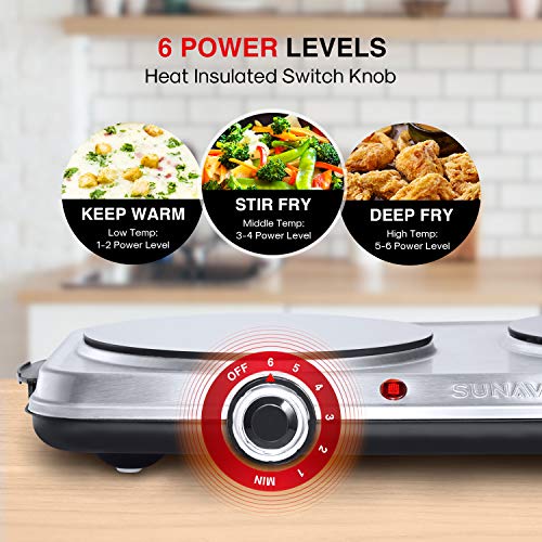 SUNAVO Electric Infrared Burner, 1800W Ceramic Glass Hot Plate, 6 Power Levels Stainless Steel Double Burner for Kitchen Camping RV and More - Thumbnail 2