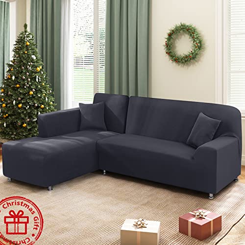 Sectional Couch Covers L Shape Sofa Covers Super Stretch 2pcs Sofa Slipcovers for 3 + 3 Seaters Sectional Chaise Slipcover with 2pcs Pillow Covers for Pets Kids, Dark Grey