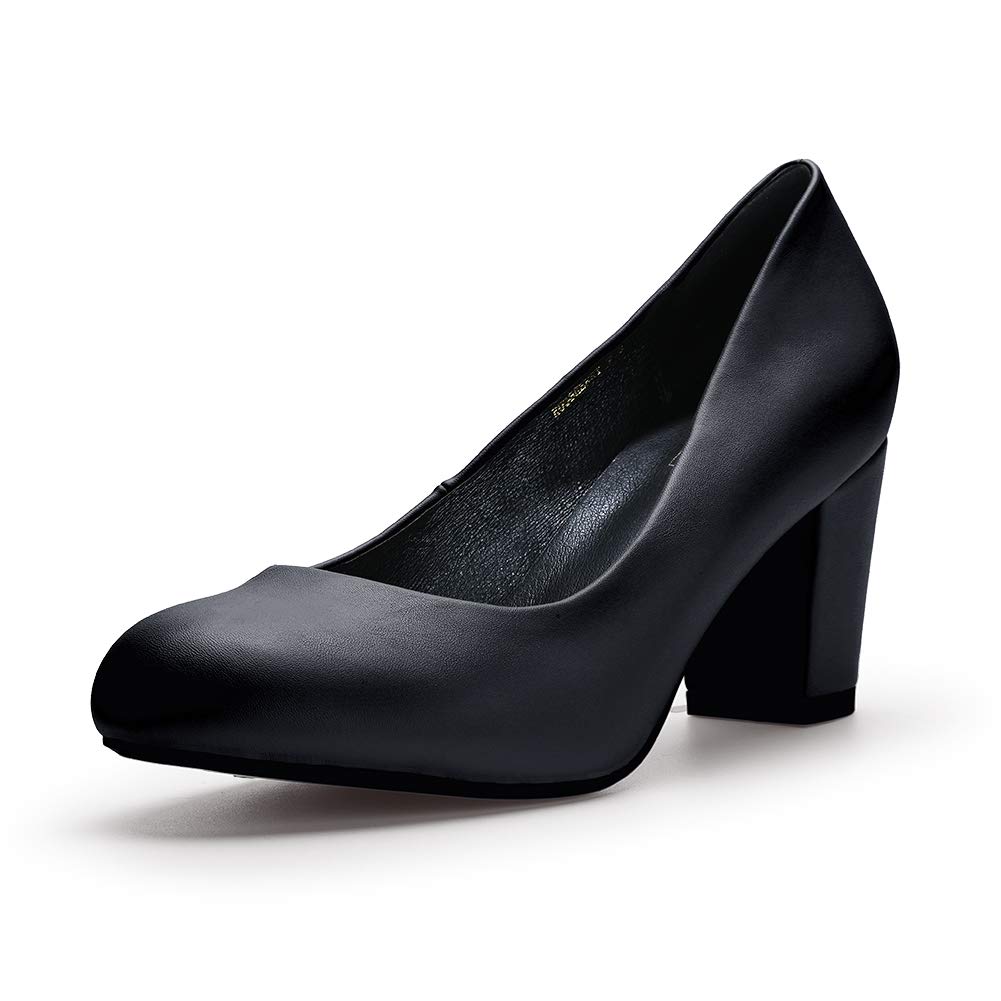 Photo 1 of IDIFU Women's Sherry Dress Low Block Chunky Heels Pumps Closed Round Toe Shoes for Wedding Office Evening (Black Pu, 6.5 M US)