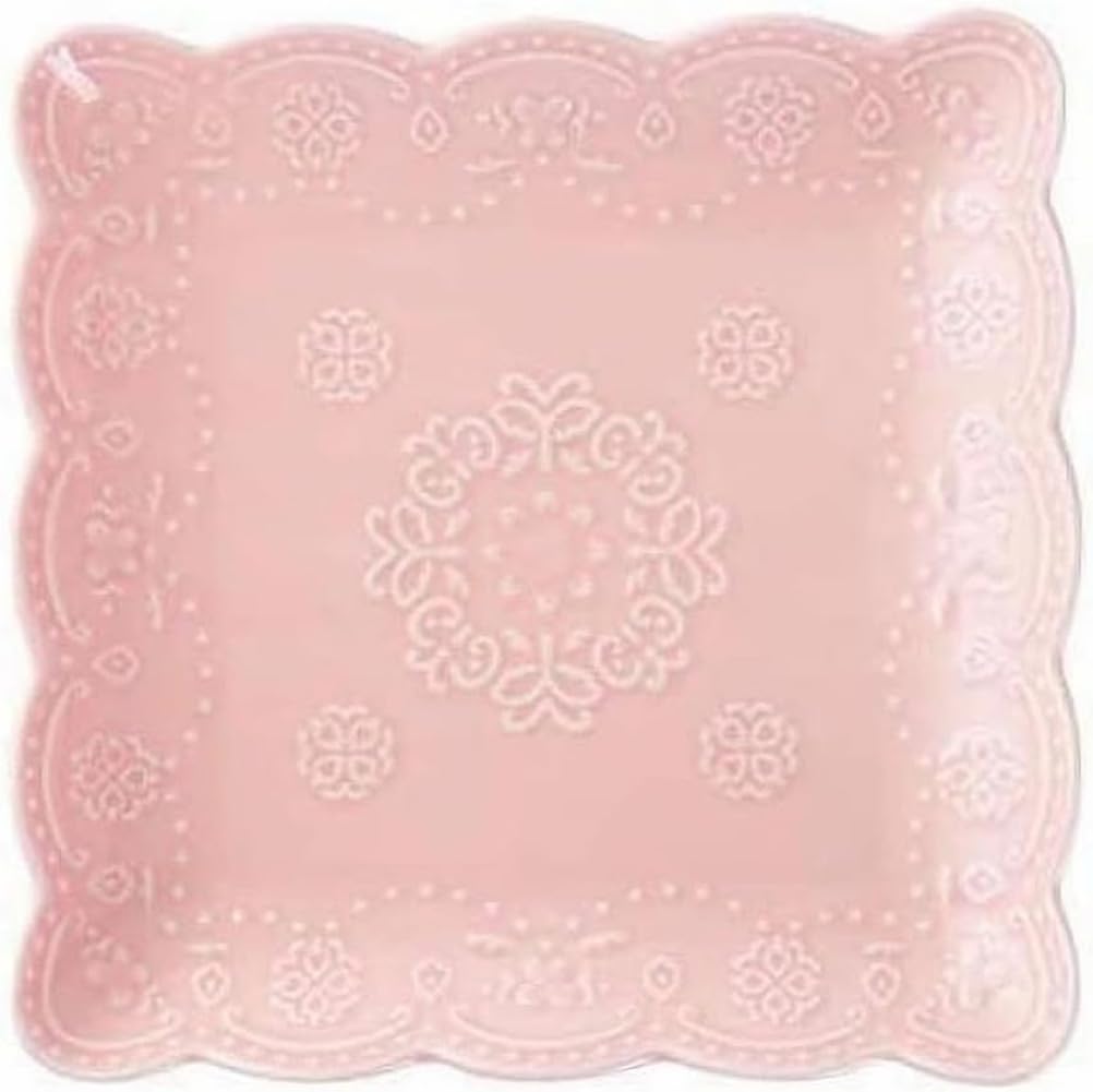 YBK Tech Elegant Square Embossed Lace Plate, Ceramic Serving Plate for Breakfast Afternoon Tea (Pink, 10-inch)