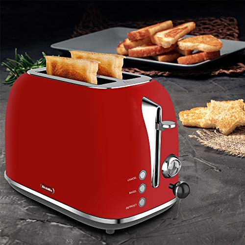 2 Slice Toaster, KitchMix Retro Stainless Steel Bread Toasters with 6 Settings, 1.5 In Extra Wide Slots, Bagel/Defrost/Cancel Function, Removable Crumb (Red)