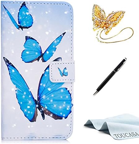 TOUCASA Huawei P10 Lite case,Huawei P10 Lite case,Leather Wallet Magnetic Case Card Slots pu Flip Book Case with [3D Bling Glitter Smooth Surface]-Blue Butterfly