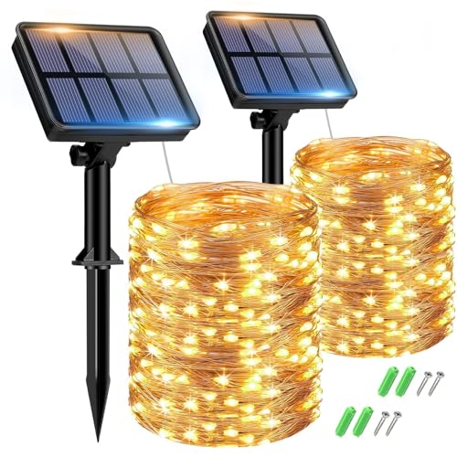 Solar Lichterkette Aussen, 2x15M 150 LED Solarlichterkette Außen Wetterfest 8 Modi IP65 Wasserdicht Kupferdraht Lichterkette Außen Solar Outdoor für Garten Terrasse Baum Hof Party (Warmweiß)