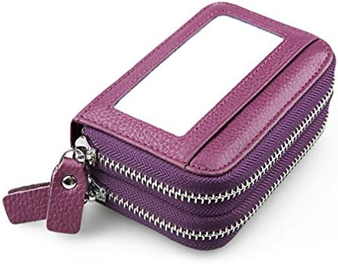 JZLGBH RFID Blocking Genuine Leather Two Zipper Design Cards Wallet Coin Purse - With ID Window (Purple)