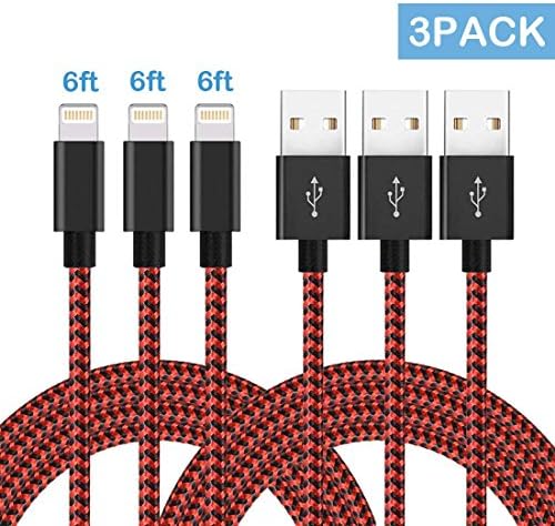 iPhone Lightning Cable,Rongqx 3Pack 6FT Nylon Braided 8 Pin USB Charging Cable Certified with Charging Indictor Powerline for iPhone 7/7 Plus/6/6Plus/6s/6s/Plus/5/5c/5s/SE/IPad/iPod/Min and More Red