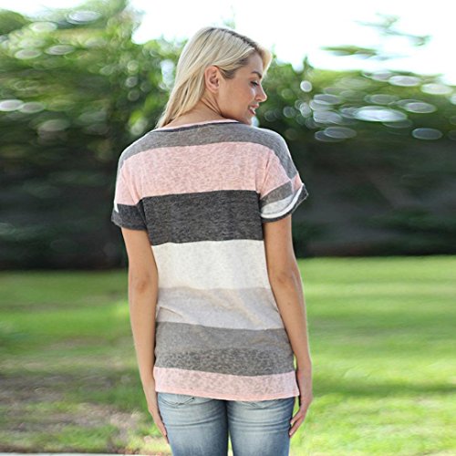 Quartly Women Short Sleeve Stripe Block Color Loose Tops Tee Shirts Summer T-Shirt Pullover Casual Blouse (S, Gray) - Thumbnail 4