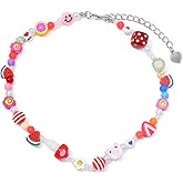 Y2K Necklace for Women Colorful Fruit Pearl Choker Necklace Cute Mushroom Yin Yang Beaded Necklace Handmade Resin Flower Jewelry (Style 3)