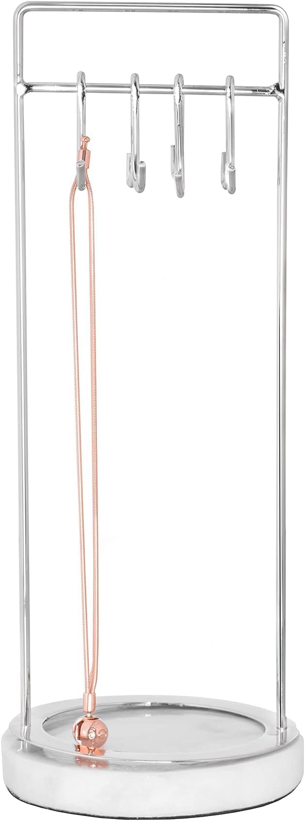 Sasha Morel Hanging Jewellery Organiser Stand with Marble Tray | Necklace Stand Display and Earring Holder Bedroom Decor | Hanging Storage for Necklaces, Bracelets, Earrings (Silver)