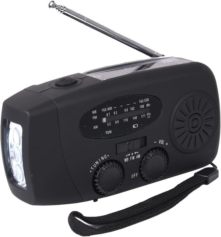 Emergency Hand Crank Radio with LED Flashlight for Camping, Portable 2000mAh High Capacity Rechargeable Radio, Wind Up Solar Radio,AM/FM NOAA Portable Weather Radio (Black)