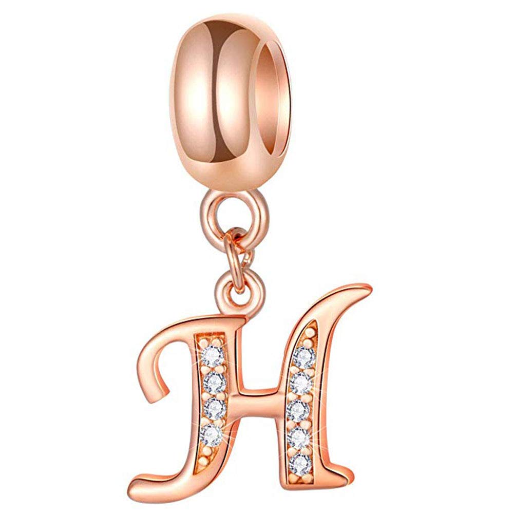 925 Sterling Silver Rose Gold Charm Alphabet Charm Love Charm Anniversary Charm Birthday Charm for Pandora Charm Bracelet (H)